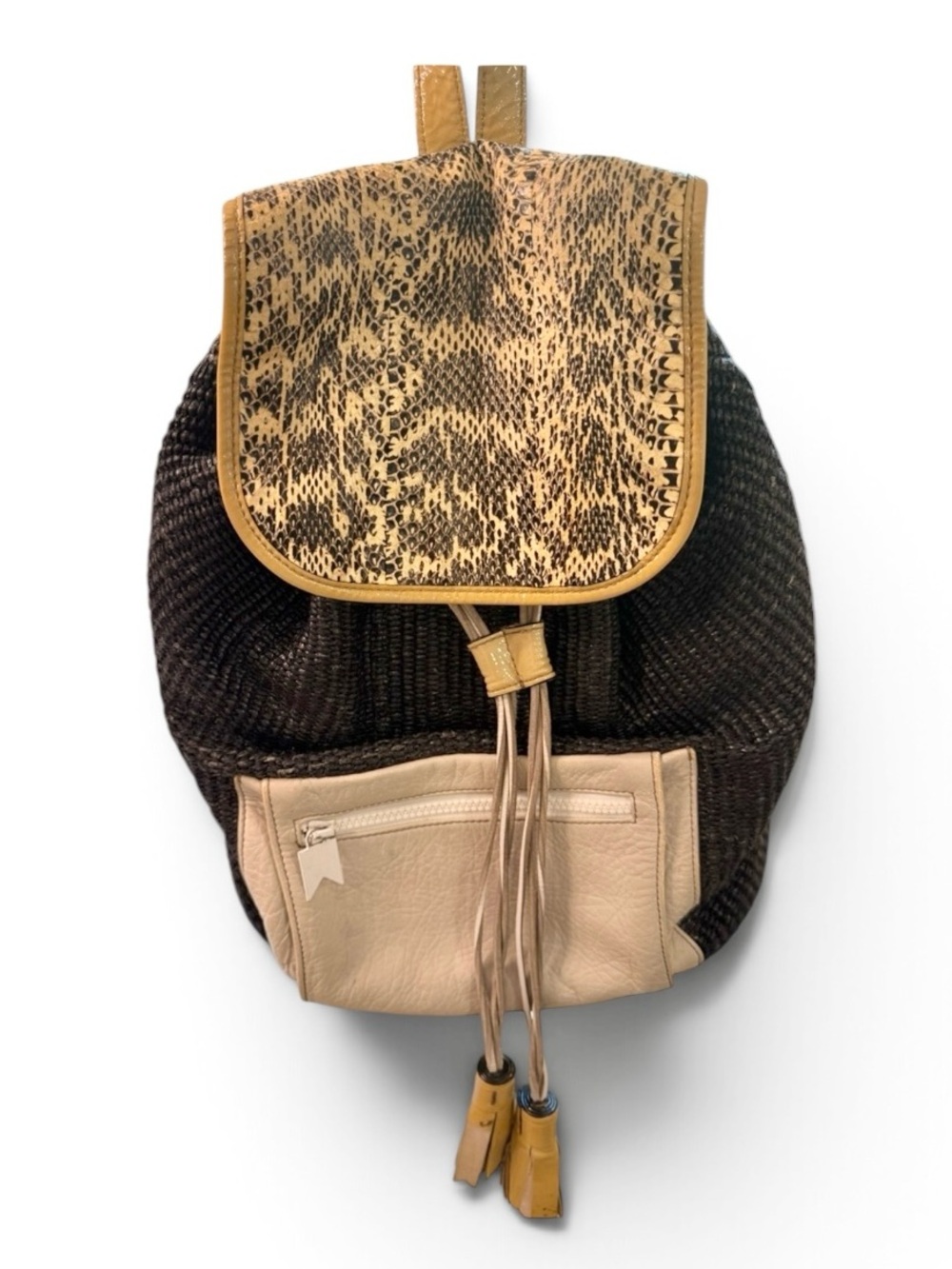 Meredith Wendell Raffia Backpack Snake Print Leather